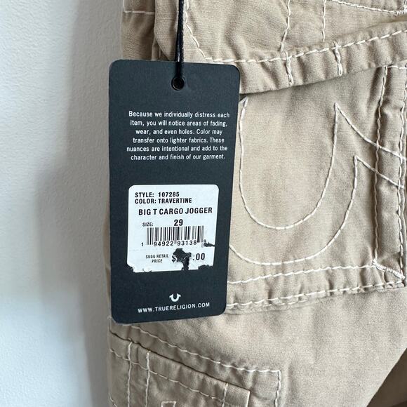 True Religion NWT Big T Cargo Jogger Tan Pants Sz 29 Y2K Utility Khaki Trendy - Picture 7 of 8